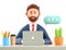 3D illustration of smiling bearded man with laptop in office, working at the desk with coffee cup, cactus. Cute businessman