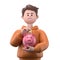 3D Illustration of smiling businessman Qadir putting coin into huge and oversized pink piggybank.