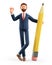 3D illustration of smiling creative man holding big pencil and showing ok gesture. Cartoon standing businessman with okay sign.