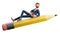 3D illustration of smiling creative man lying on a big pencil and flying in the air. Cartoon bearded businessman