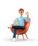 3D illustration of smiling happy man with laptop sitting in armchair and showing ok gesture. Cartoon businessman with okay sign