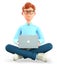 3D illustration of smiling man with laptop sitting on the floor in yoga lotus position. Cartoon businessman, freelancer