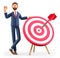 3D illustration of smiling man standing next to a huge target with a dart in the center, arrow in bullseye.