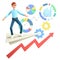 3D illustration of smiling man, successful investor flying on a huge paper airplane among business icons, charts, diagrams