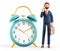 3D illustration of smiling man talking on the phone and standing next to a huge vintage alarm clock. Businessman with briefcase