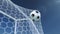 3D illustration Soccer ball flew into the goal. Soccer ball bends the net, against the background of blue sky. Soccer