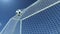 3D illustration Soccer ball flew into the goal. Soccer ball bends the net, against the background of blue sky. Soccer