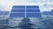 3D illustration solar panels in the sea or ocean. Alternative energy. Concept of renewable energy. Ecological, clean