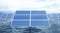3D illustration solar panels in the sea or ocean. Alternative energy. Concept of renewable energy. Ecological, clean