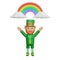 3D illustration of St. Patrick\\\'s Day character leprechaun celebrating under a colorful rainbow
