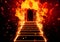 3d illustration of staircase and door with flames burning in the dark