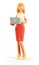 3D illustration of standing beautiful blonde woman holding laptop. Cute cartoon smiling attractive businesswoman in red skirt