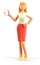3D illustration of standing beautiful blonde woman holding smartphone and showing blank screen.