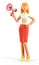 3D illustration of standing beautiful blonde woman holding a speaker. Cute cartoon smiling attractive businesswoman in red skirt