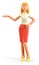 3D illustration of standing beautiful blonde woman pointing hand at direction. Cute cartoon smiling attractive businesswoman