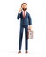 3D illustration of standing happy man talking on the phone. Cute bearded businessman using smartphone and holding briefcase.