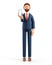 3D illustration of standing man holding smartphone and showing blank screen. Cartoon smiling businessman