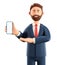 3D illustration of standing man holding smartphone and showing blank screen. Close up portrait of cartoon smiling businessman