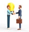 3D illustration of startup concept. Man with huge bulb and businessman shaking hands. Business investments.