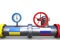 3D illustration: steel gas pipe with flags of Ukraine and Russia with a red valve and a blue pressure gauge on white background. P
