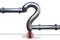 3D illustration: Steel gas pipe in the shape of a question mark with the red valve on white background. Problems of construction o