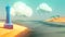 3D Illustration of a stylised beach scene with lighthouse and clouds