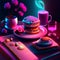 3d illustration of a table with a book, a cup of coffee, a stack of pancakes, a candle and a bouquet of flowers generative AI