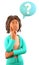 3D illustration of thinking african american woman looking at question mark in speech bubble. Cartoon pensive businesswoman