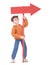 3D illustration of thinking male guy Qadir leaning towards empty directional arrow signpost or sign.