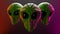 3D illustration three of aliens heads in the air on a dark background