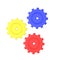 3D illustration of three colored mechanical cogs