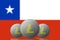 3D ILLUSTRATION Three LITECOIN cryptocurrency with Chile flag on background