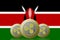 3D ILLUSTRATION Three RIPPLE cryptocurrency with Kenya flag on background