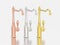 3D illustration three rose yellow and white gold or silver chrome vintage old faucets