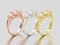 3D illustration three rose, yellow and white gold or silver three stone diamond ring