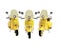 3d illustration of three yellow scooters riding in the city on white background no shadow