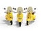 3d illustration of three yellow scooters riding in the city on white background with shadow
