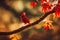 3d illustration of tiny red cardinal on a branch with autumn leaves Generative AI illustration