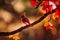 3d illustration of tiny red cardinal on a branch with autumn leaves Generative AI illustration