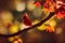 3d illustration of tiny red cardinal on a branch with autumn leaves Generative AI illustration