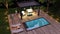 3D illustration top view of outdoor terrace with pool and pergola at dusk