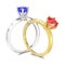 3D illustration tow isolated silver sapphire and gold ruby traditional solitaire engagement diamond rings with shadow