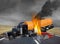 3D Illustration of Tractor Trailer Truck and Exotic Car in Accident