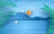 3D illustration of tree branch Leaves on sea view sunlight blue sky,Summer time season concept,Boat floating in the sea on blue