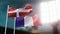 3D Illustration. Two national flags waving on wind. Night stadium. Championship 2018. Soccer. Denmark versus France