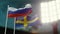 3D Illustration. Two national flags waving on wind. Night stadium. Championship. Soccer. Hockey. Russia versus Sweden