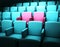 3d illustration of two pink chairs among blue chairs in empty cinema theater