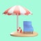 3D Illustration Of Umbrella, Swimming Ring With Chair Beach Pastel Green