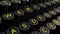 3d illustration: Vintage typewriter keys with yellow letters close-up, focus in the center, blur at the edges. Writer`s concept of