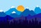 3d illustration wallpaper landscape. blue mountains and Christmas forest trees and sunrise.